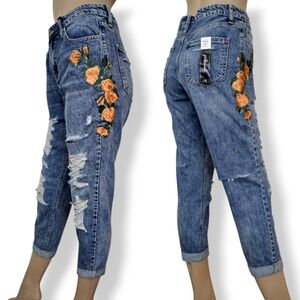 Cello Orange Embroidered Floral Distressed Girlfriend Mid-Rise Rollup Jeans
